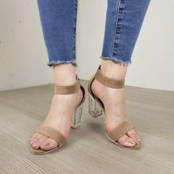 Lucite Clear Heel Tan Vegan Suede Heel Sandal - Picture 4 of 7